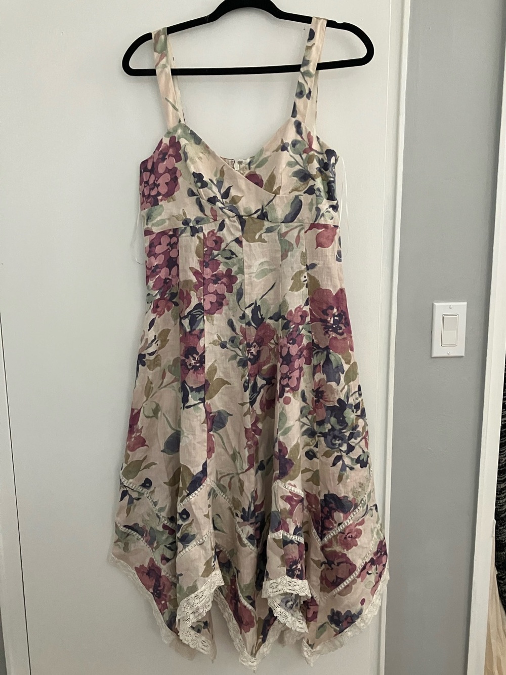 Ralph Lauren Cream Floral Linen Midi Dress with Pink & Green Accents